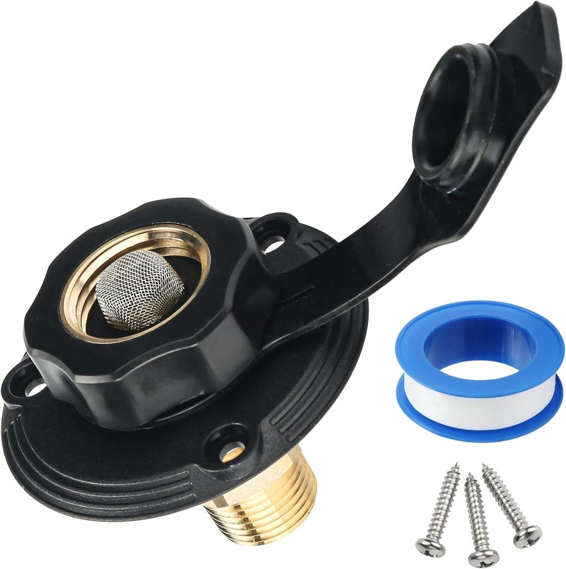 Pongle Rv Water Connection Inlet, Water Fill Inlet Flange Brass with Check Valve for RV, Campers vehicles equipped with water Systems Black 1 Pcs - Image 1